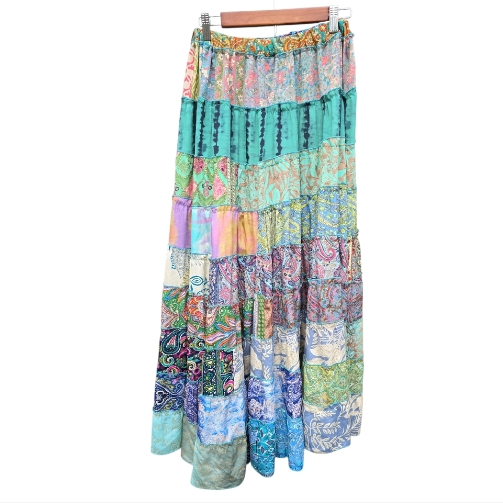 India  Boutique  Silk Hippie Boho Patchwork Maxi Tiered Skirt - Picture 2 of 12